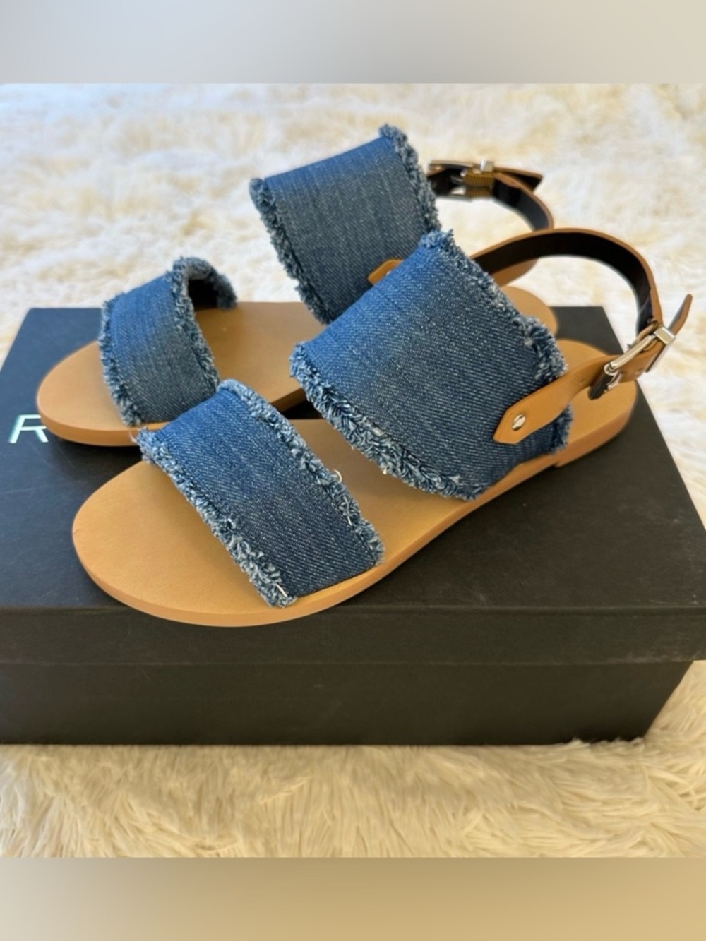 REBECCA MINKOFF Emery Blue Denim Sandals Size 6 Frayed Strap Slingback Flat